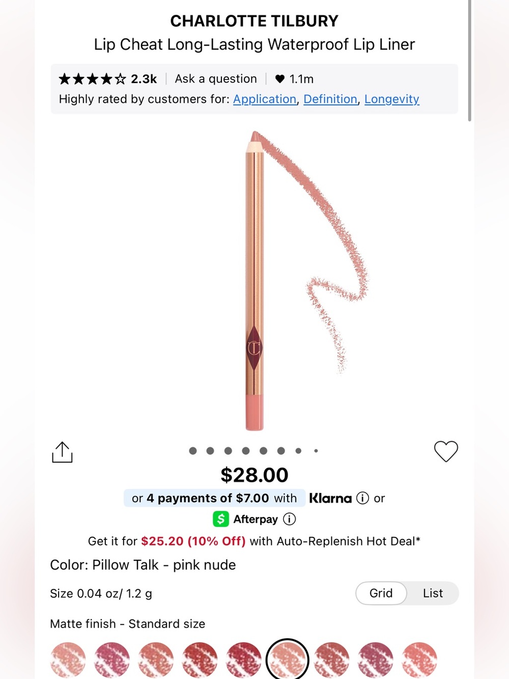 Charlotte tilbury lip cheat long-lasting waterproof lip liner in pillow talk